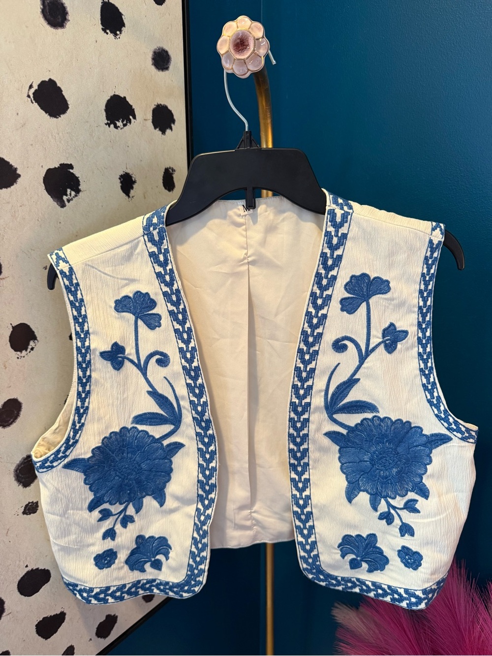 Cream Embroidered Floral Camisole Vest with Blue Detailing - Women